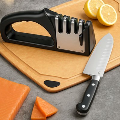 aiguiseur couteau sur planche avec citron