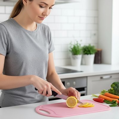 femme coupe citron sur planche a decouper rose 