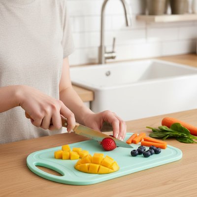 femme coupe fruits sur planche a decouper menthe