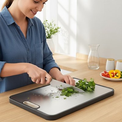 femme coupe persil sur planche a decouper grise