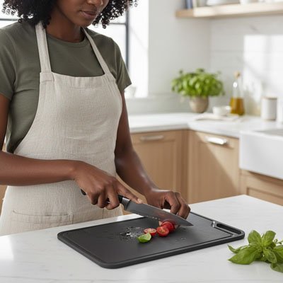 femme coupe tomate cerise sur planche a decouper