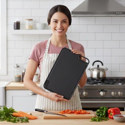 femme présente planche a decouper dans ses mains