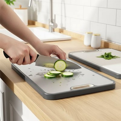 personne coupe courgette sur planche a decoupe grise