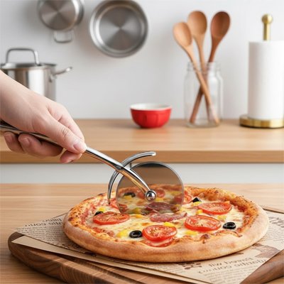 personne coupe petite pizza avec couteau à pizza sur planche