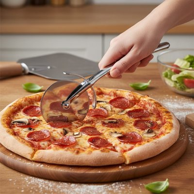 personne coupe pizza avec couteau à pizza sur planche