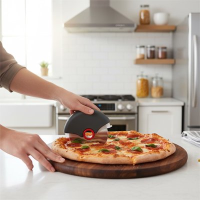 personne coupe pizza sur planche avec couteau a pizza rouge 