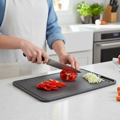 personne coupe poivron rouge sur planche a decouper