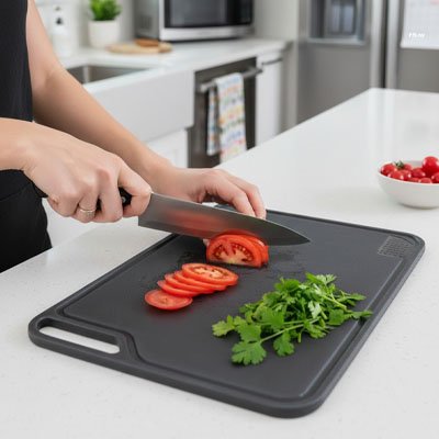 personne coupe tomate sur planche a decouper grise