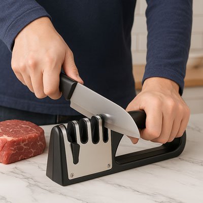 personne passe couteau dans aiguiseur couteau sur comptoir avec viande