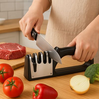 personne passe couteau dans segment de aiguiseur couteau sur comptoir avec tomates et viande