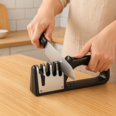 personne passe couteau dans segment de aiguiseur couteau