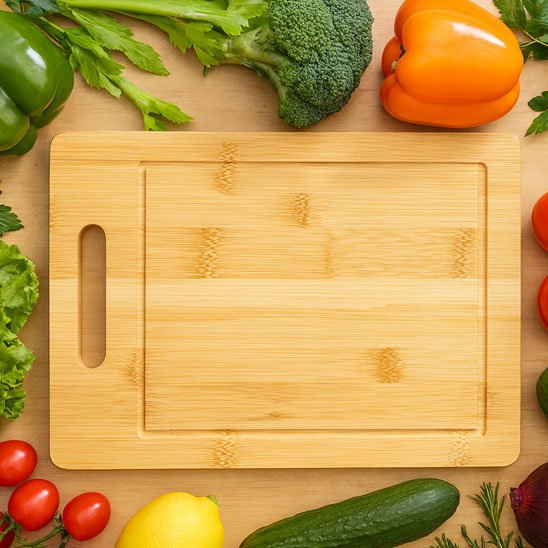 planche à découper bois entourée de légumes