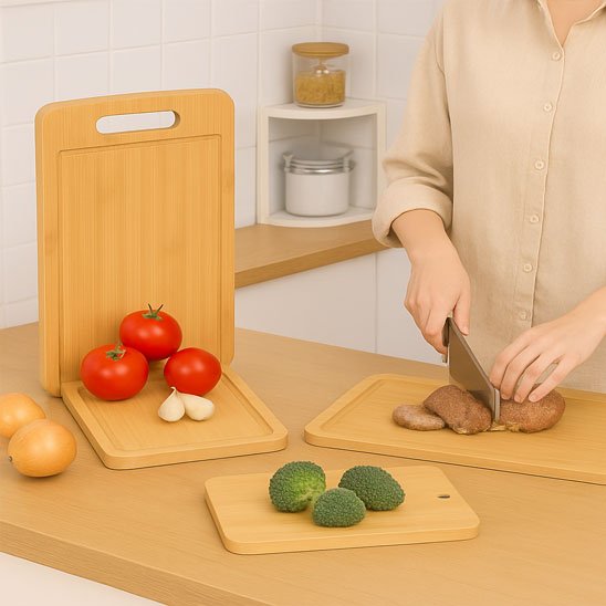 viande et légumes sur quatre planches à découper bois